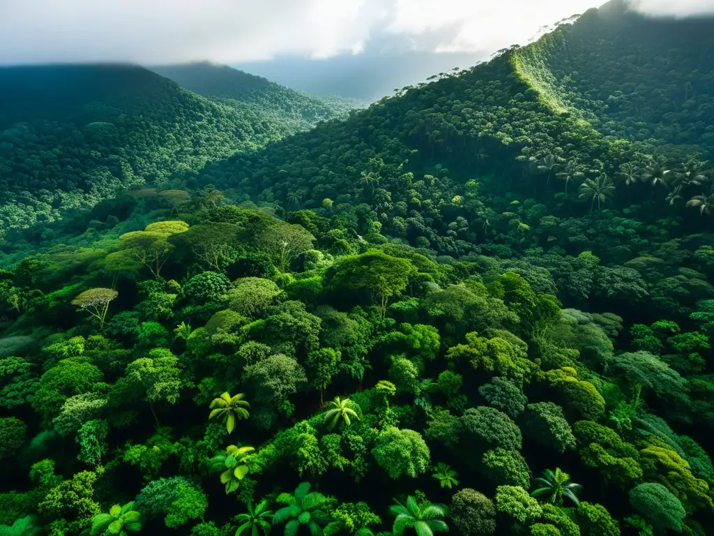 Un exuberante y diverso bosque tropical con un vibrante dosel verde que se extiende hasta donde alcanza la vista