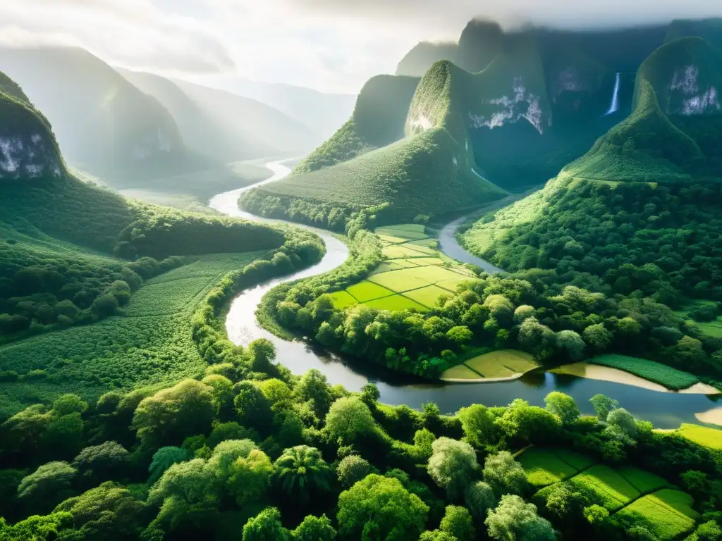 Un exuberante y diverso ecosistema con un río serpenteante, montañas envueltas en niebla y una variedad de vida silvestre