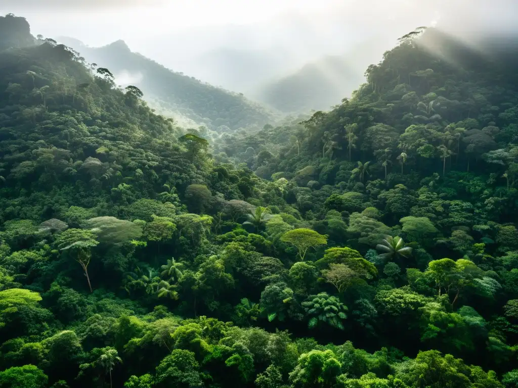 El exuberante dosel del bosque lluvioso, con luz solar filtrándose a través del follaje y creando patrones de luz y sombra en el suelo del bosque