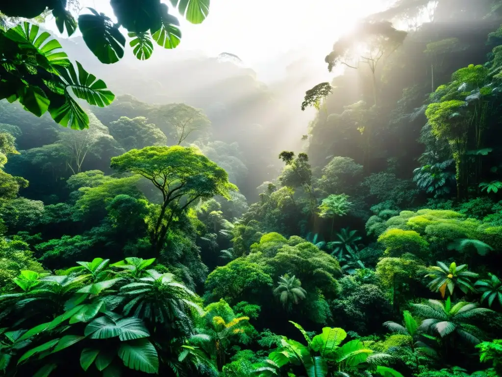 Exuberante dosel de selva con diversa vida silvestre y juego de luz