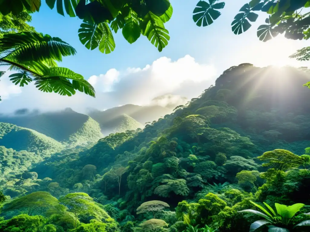 Un exuberante dosel de selva lluviosa, con una diversa variedad de árboles, plantas y vida silvestre creando un tapiz vibrante de vegetación