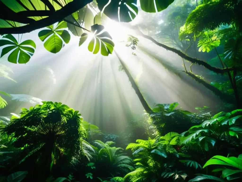 Un exuberante dosel de selva tropical, bañado por la luz del sol y tejiendo patrones de luz y sombra en el suelo del bosque