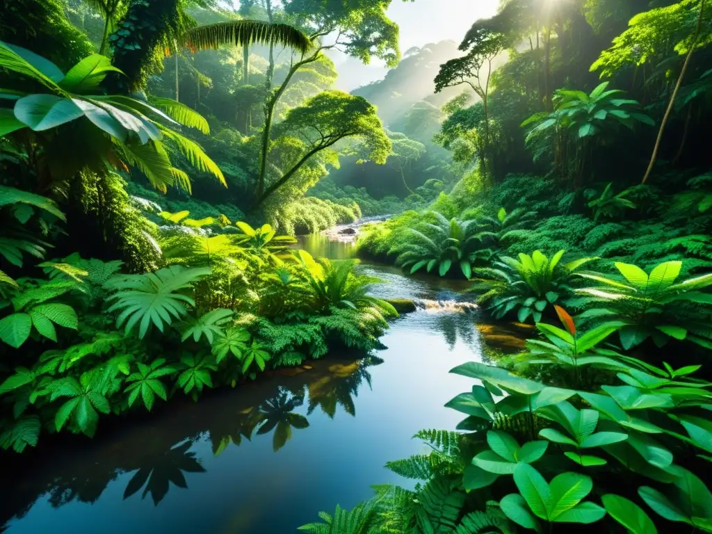 Un exuberante dosel de selva tropical con luz solar filtrándose entre las hojas y un arroyo cristalino reflejando la biodiversidad