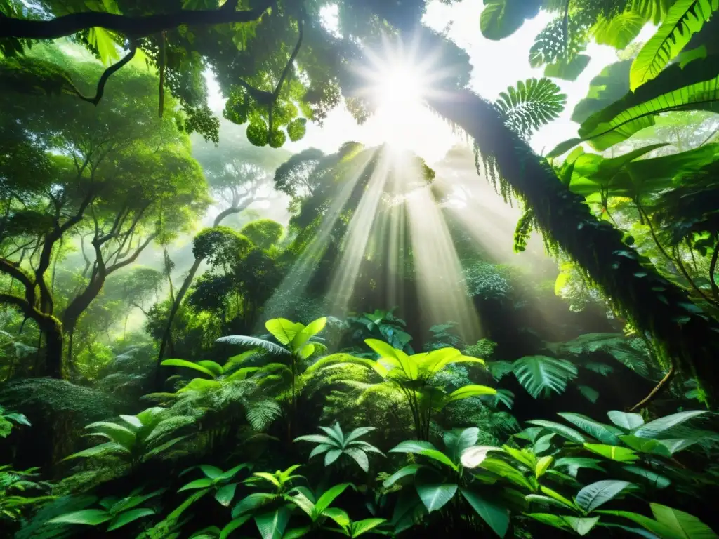 Un exuberante dosel de selva tropical, con luz solar filtrándose entre las hojas y creando un efecto moteado en el suelo del bosque