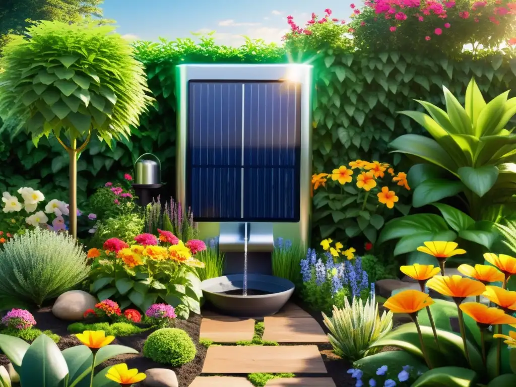 Un exuberante jardín ecológico con accesorios solares: luces iluminando senderos, fuente de agua y sistema de riego