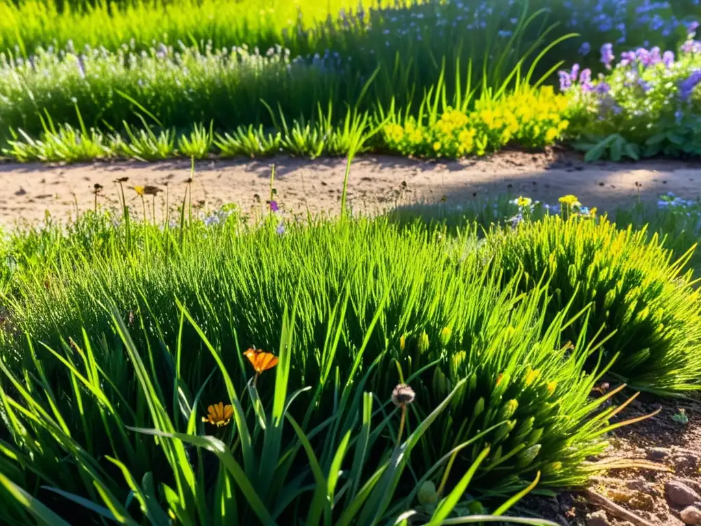 Un exuberante jardín ecológico con diversidad de flores silvestres y pasto nativo