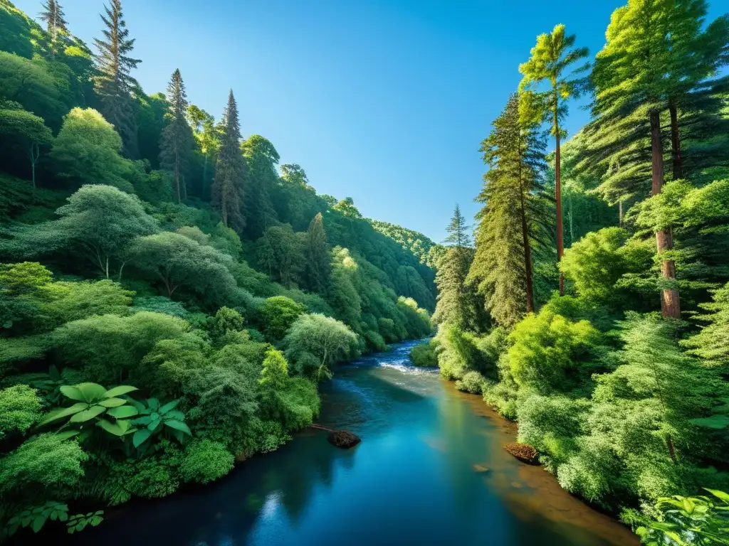 Un exuberante ecosistema diverso, con bosque denso, río fluente y cielo azul