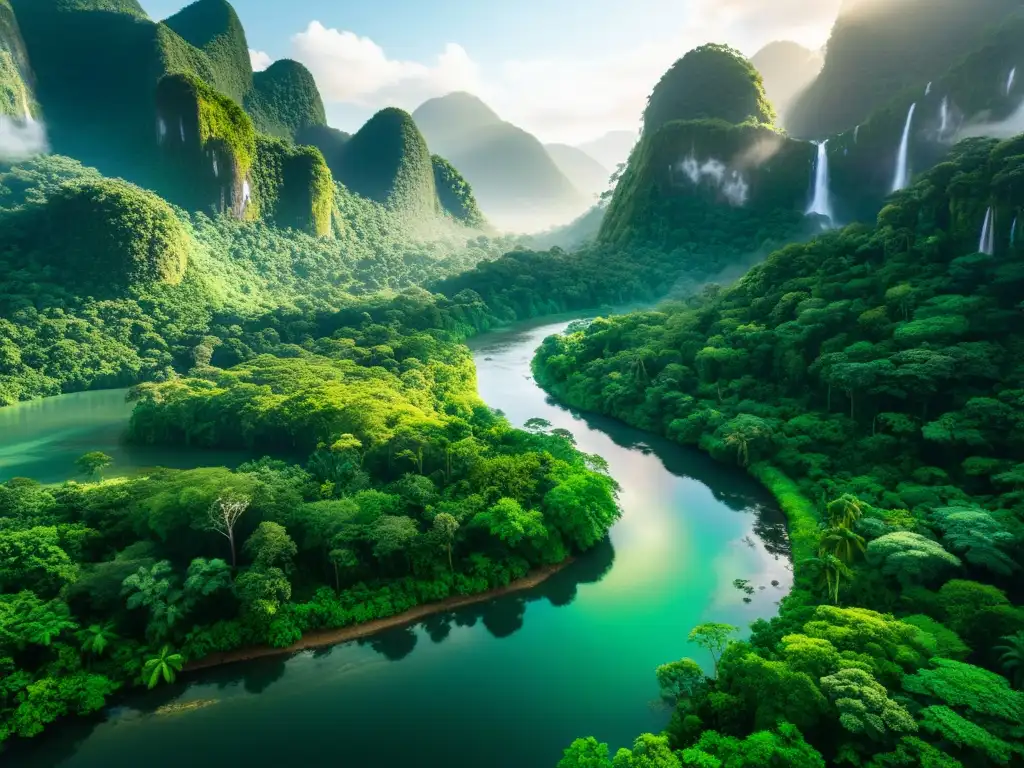 Exuberante ecosistema de selva con manejo sostenible de residuos, río cristalino y fauna diversa bajo el cálido resplandor del sol