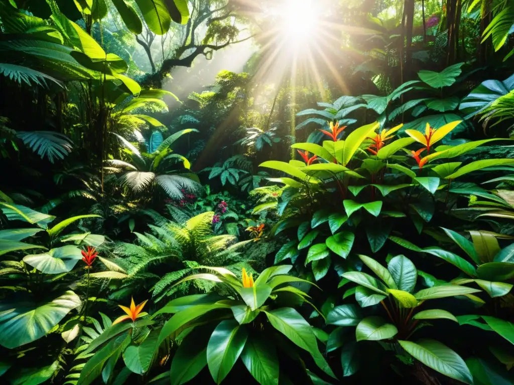 Un exuberante ecosistema de selva tropical con una diversidad de plantas y flores en plena floración