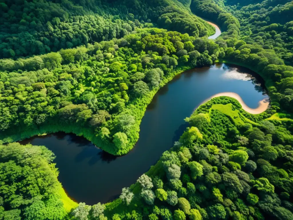 Un exuberante ecosistema sostenible con río serpenteante y vegetación frondosa