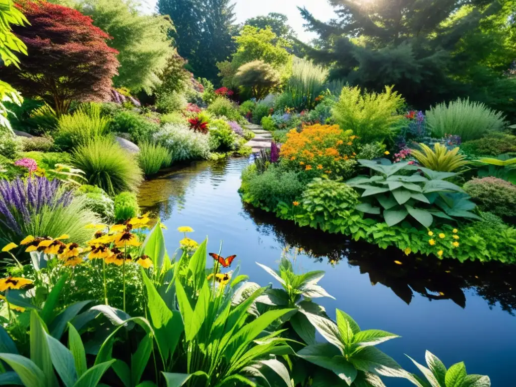 Jardín exuberante y equilibrado, con plantas nativas, colores vibrantes y armonía ecológica