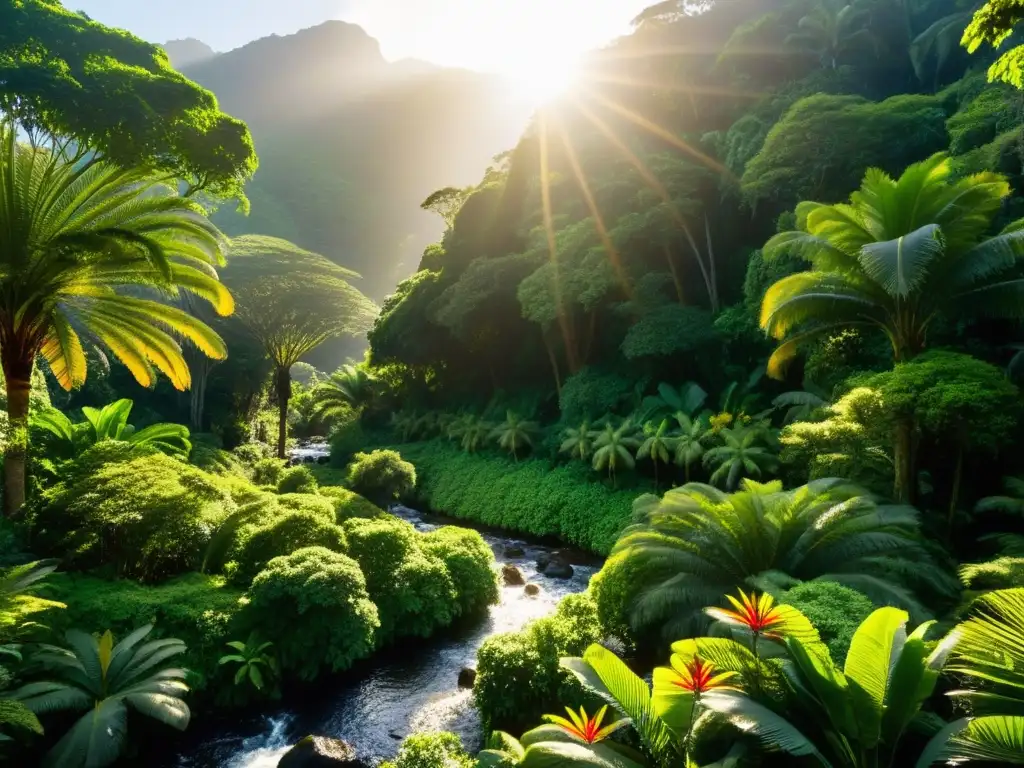 Un exuberante escenario de selva tropical en la Isla de La Reunión, con palmeras, follaje verde vibrante, flores exóticas, aves y mariposas tropicales