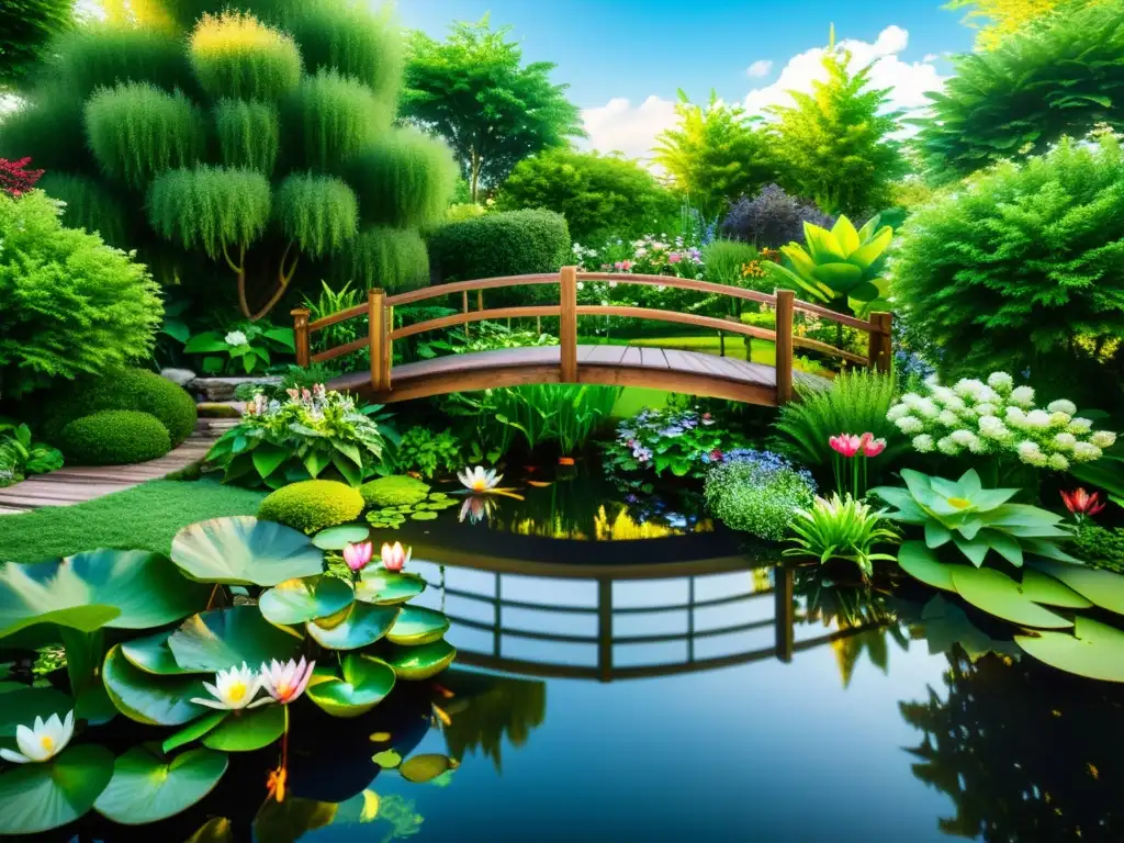 Un exuberante jardín con estanque sereno, reflejando un ecosistema acuático de plantas, peces y nenúfares, bajo la luz del sol