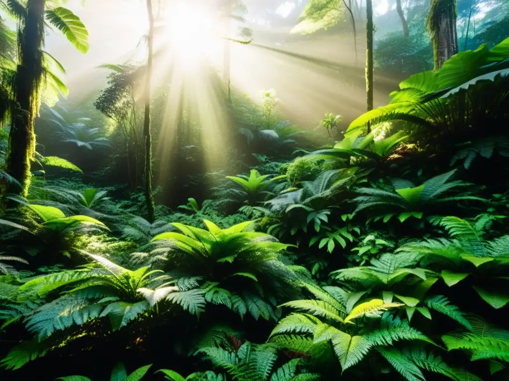 Un exuberante y exuberante bosque lluvioso con árboles imponentes que alcanzan hacia el sol, creando sombras moteadas en el denso sotobosque