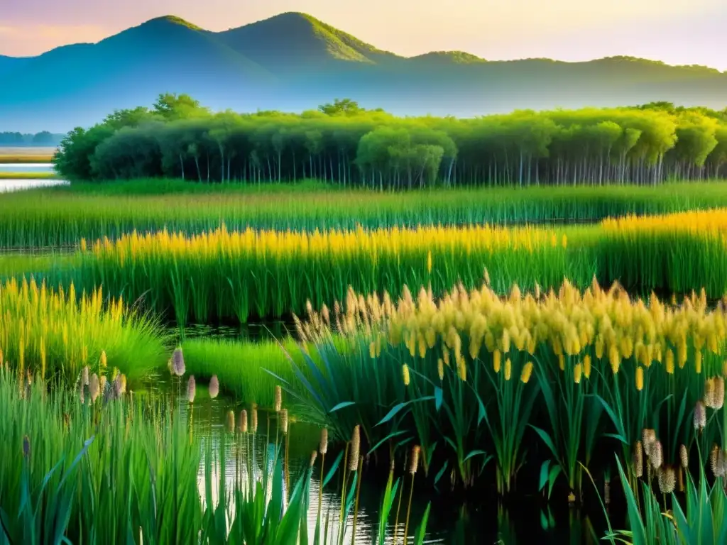 Un exuberante humedal refleja la diversidad de vegetación en un paisaje sereno de ecosistemas húmedos al atardecer