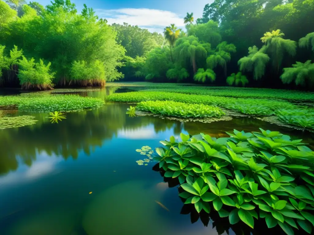 Un exuberante humedal con plantas acuáticas verdes y vida silvestre