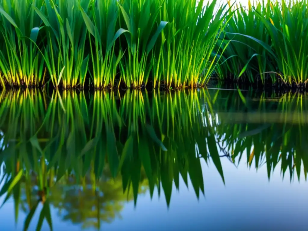 Un exuberante humedal con plantas como juncos, lirios y espadañas