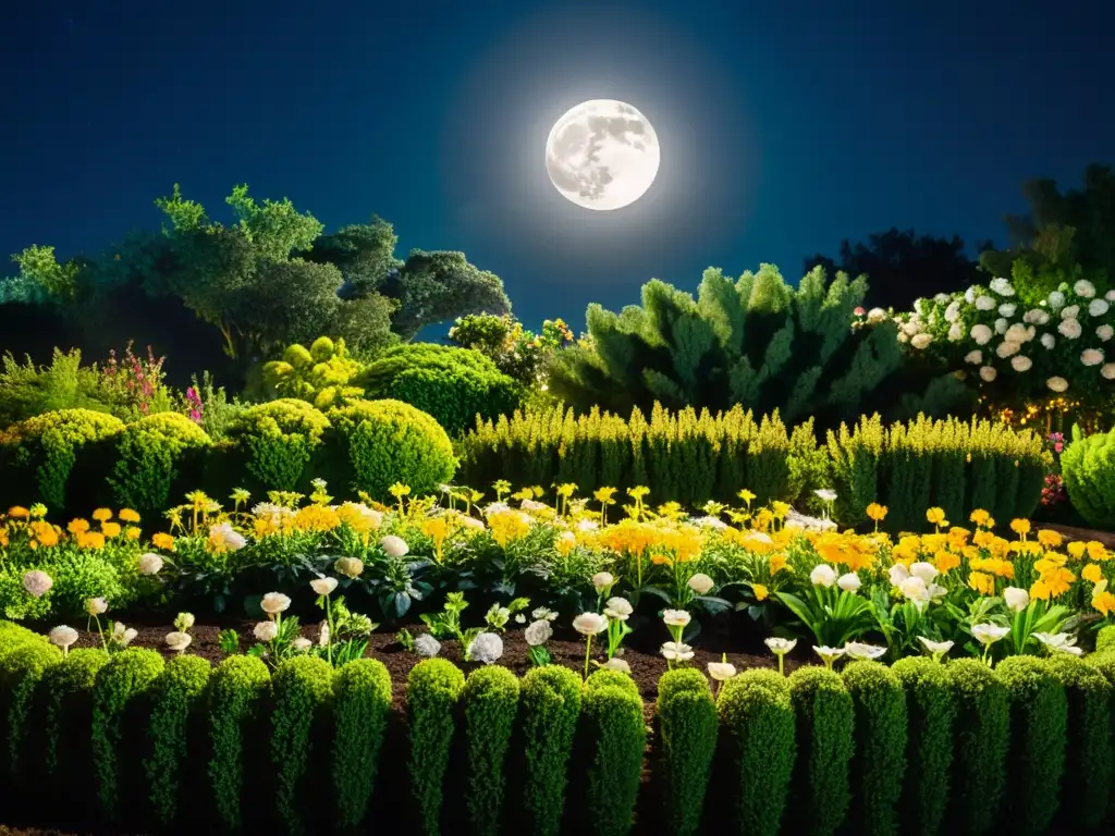 Un jardín exuberante iluminado por la luz de la luna llena, resaltando la influencia de los ciclos lunares en las plantas