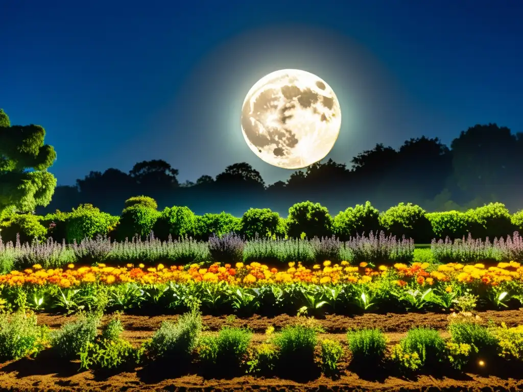 Un jardín exuberante bajo la influencia de los ciclos lunares, iluminado por la suave luz de la luna llena