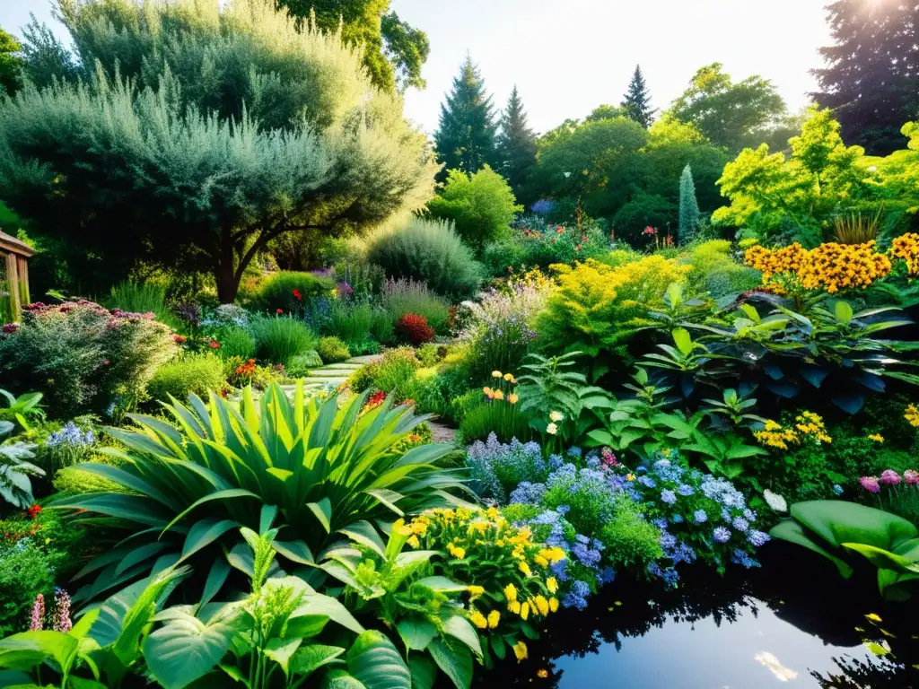 Un exuberante jardín repleto de vida y biodiversidad, con un arroyo serpenteante y un majestuoso árbol