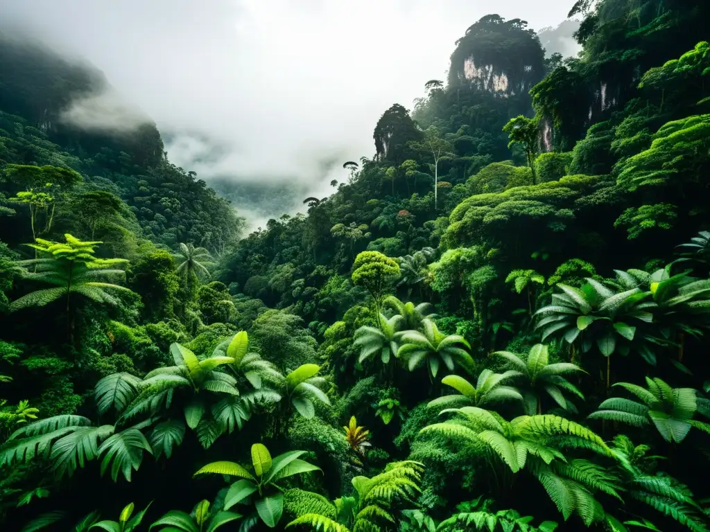 Exuberante jungla de Borneo y Sumatra, con árboles altos envueltos en neblina, follaje verde vibrante y río serpenteante