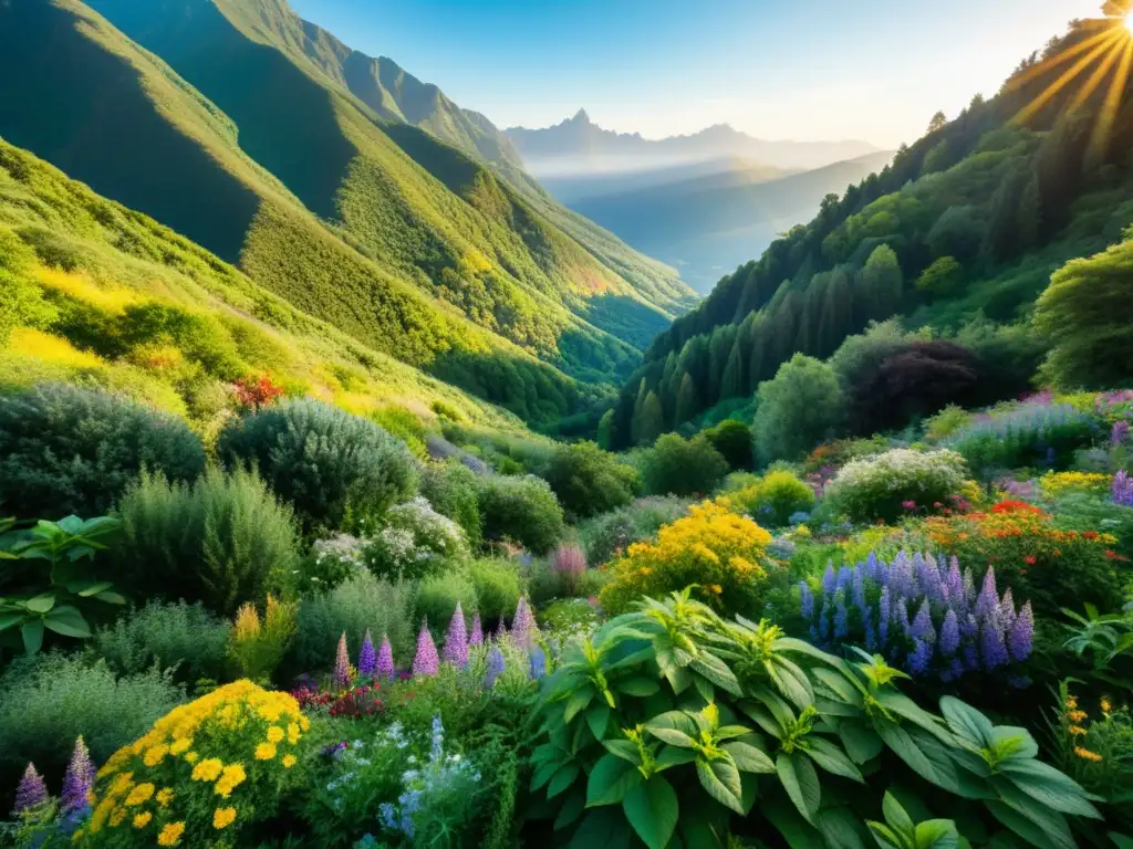 Una exuberante ladera de montaña con una variedad de plantas medicinales, bañada por la cálida luz del sol