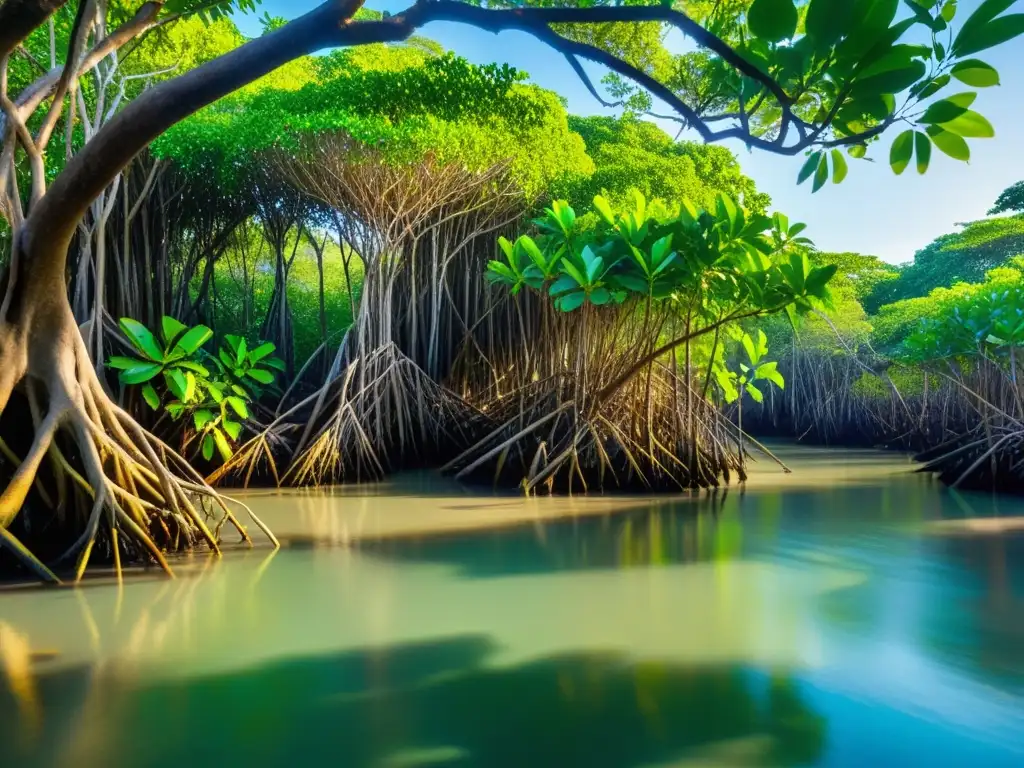 Un exuberante manglar con raíces enredadas, aves coloridas y peces en aguas claras