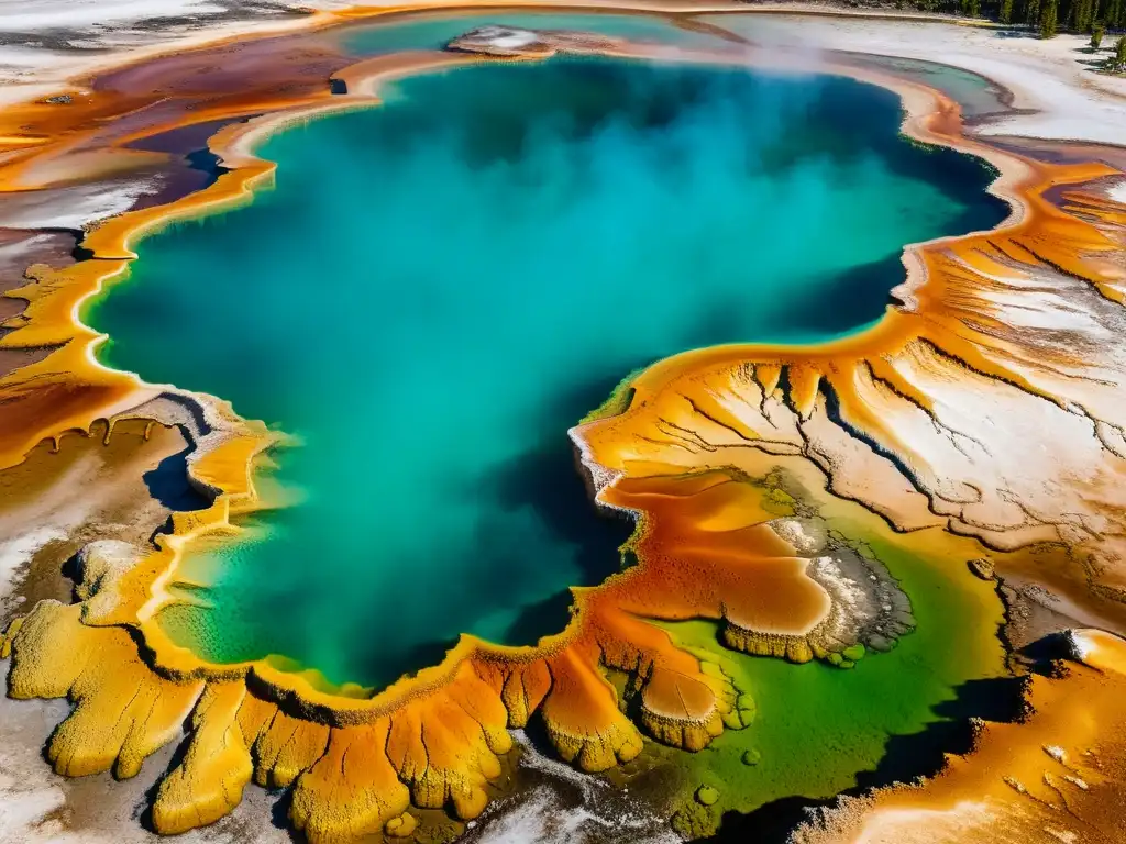 Exuberante mat de bacterias en aguas termales de Yellowstone, destacando la biodiversidad única