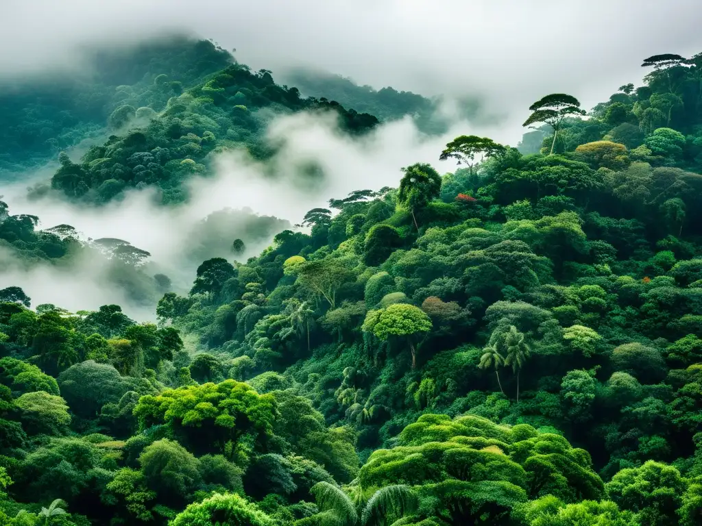 Un exuberante y místico bosque nublado, con árboles diversos y vibrante follaje