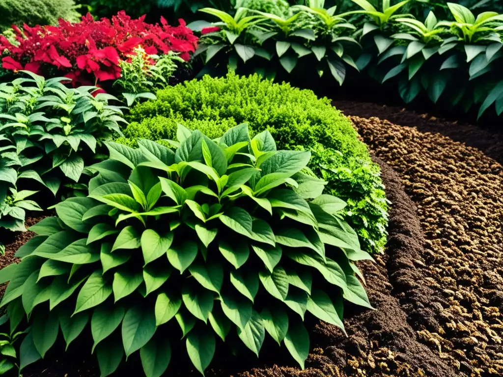 Un jardín exuberante con mulch orgánico, resaltando los beneficios del mulching en jardinería