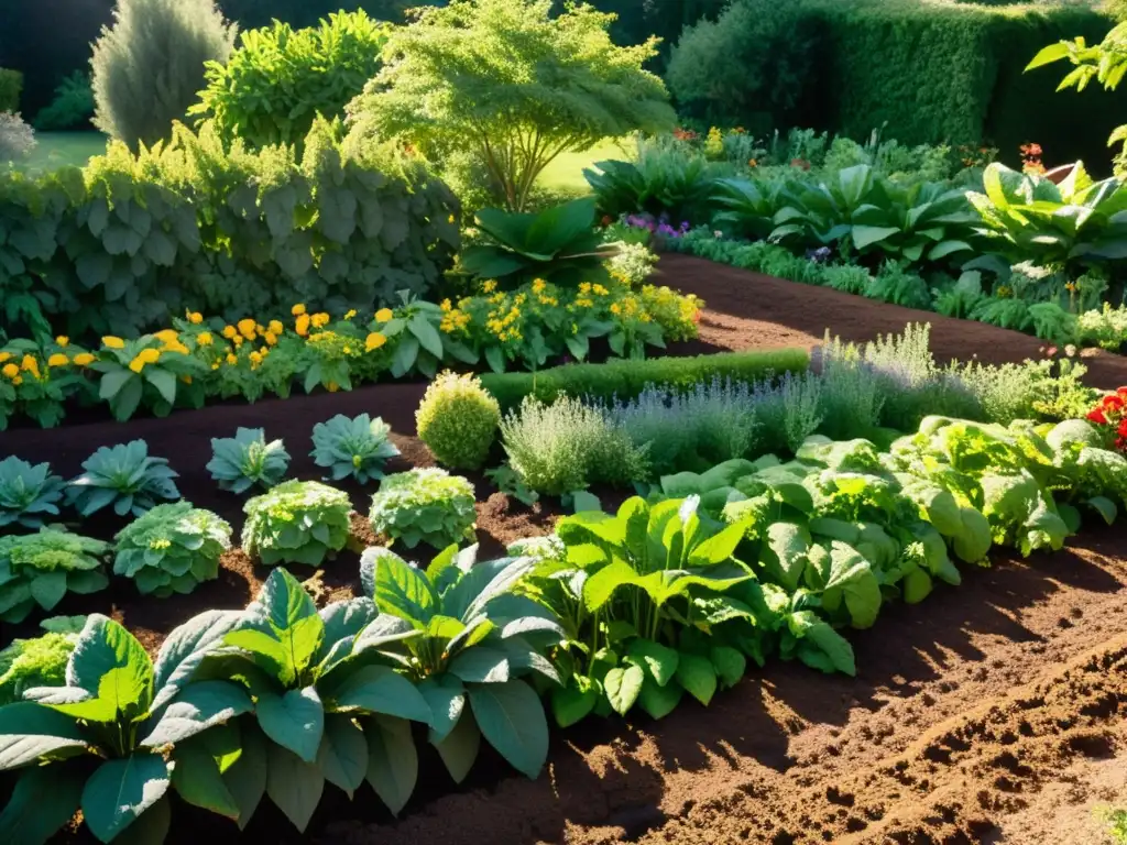 Un exuberante jardín orgánico rebosante de vida y color, bañado por la luz del sol