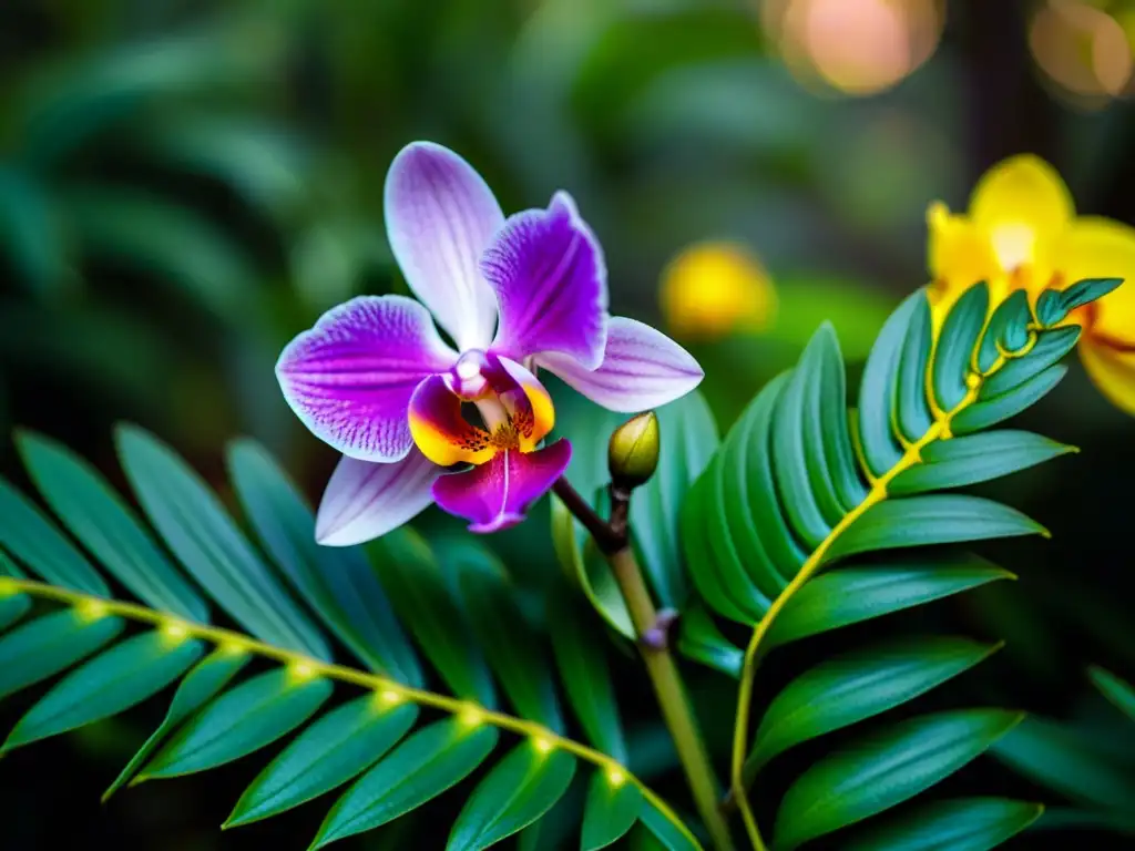 Una exuberante orquídea morada y amarilla entre helechos verdes en el Parque Nacional Doñana