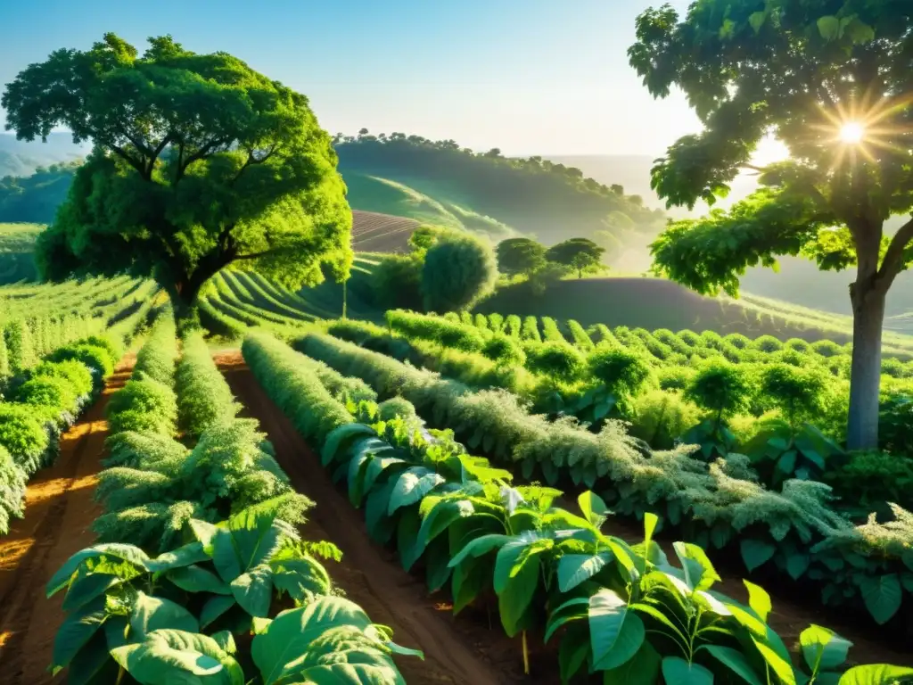 Un exuberante paisaje agroforestal muestra la riqueza de los sistemas agroforestales en restauración ecológica, con agricultores trabajando en armonía