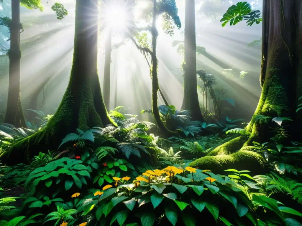 Un exuberante paisaje de selva tropical, con árboles imponentes entrelazados con enredaderas, flores vibrantes y una diversidad de vida animal