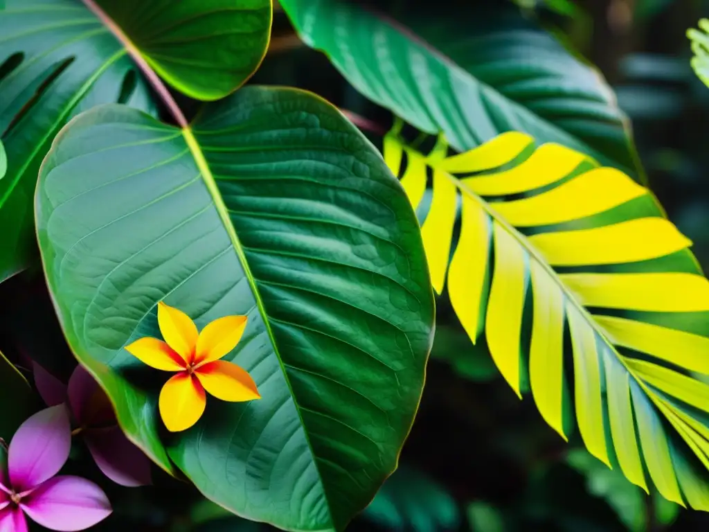 Exuberante vegetación de la selva tropical: belleza natural Un exuberante paisaje de selva tropical revela los secretos de plantas para la cosmética natural, con una variedad de exóticas flores y plantas