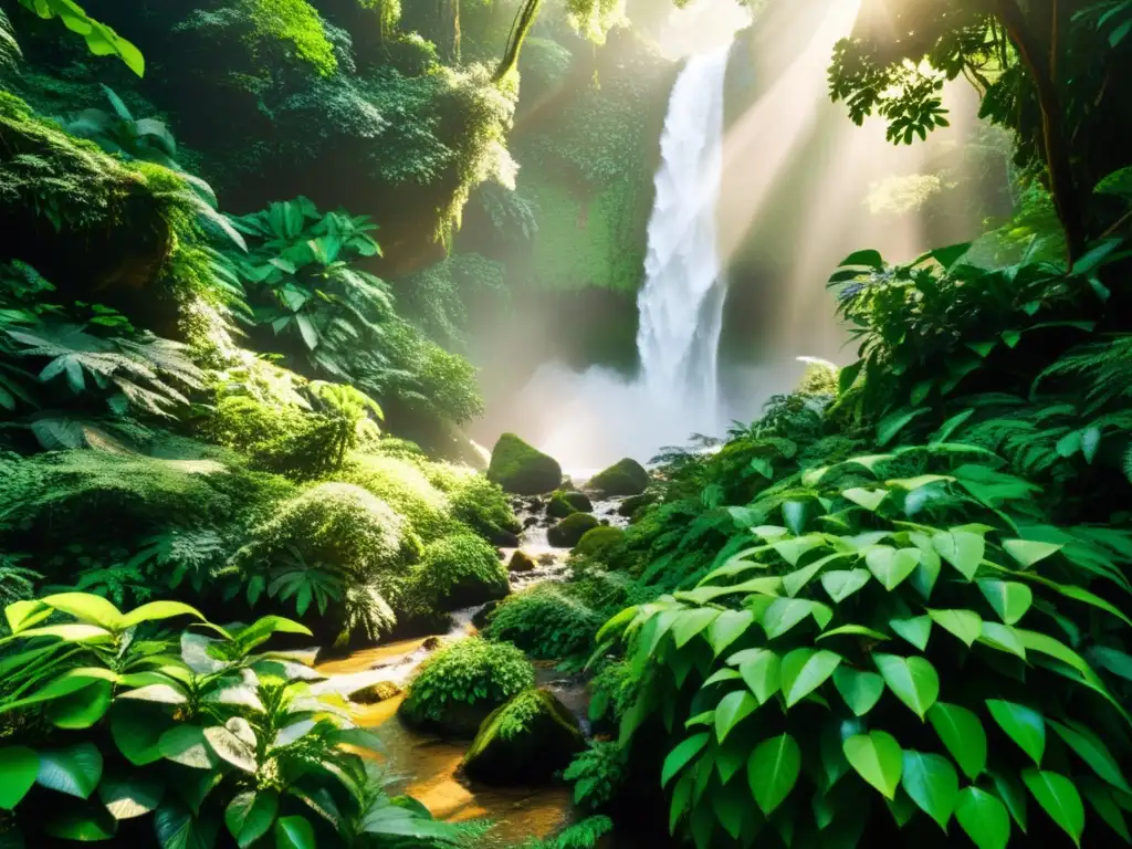 Un exuberante paisaje selvático con árboles gigantes, un sendero serpenteante y rayos de sol dorados entre la espesura