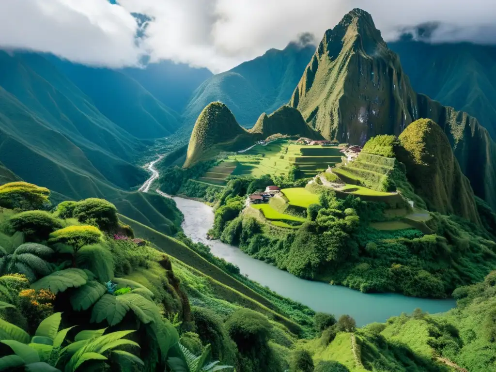 Exuberante paisaje de montaña en los Andes con sendero serpenteante y río cristalino