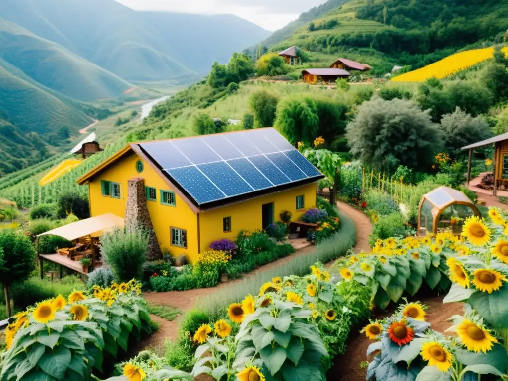 Un exuberante jardín de permacultura en una región montañosa, con un camino serpenteante entre frutas y verduras orgánicas