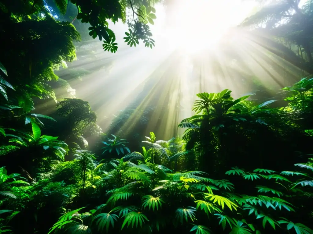Selva exuberante: maravilla natural de vida y equilibrio Un exuberante y prístino bosque lluvioso que irradia vida, con rayos de luz dorada filtrándose a través del denso dosel, iluminando la exuberante vegetación y creando un espectáculo impresionante de belleza natural