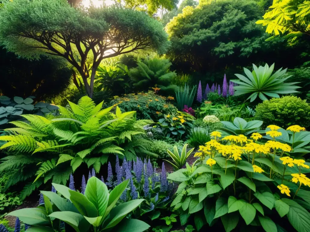 Un exuberante jardín ecológico regional con plantas nativas, resplandeciendo en colores vibrantes y texturas variadas bajo la luz del sol