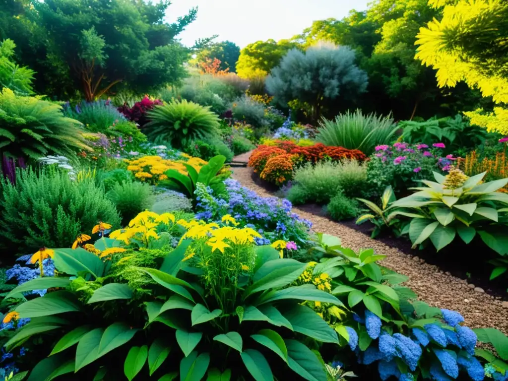 Un exuberante jardín ecológico regional repleto de plantas nativas, con letreros de nombres científicos y comunes