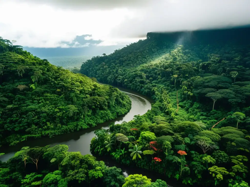 Una exuberante sección de la Selva Amazónica con flora vibrante, río serpenteante y atmósfera de tranquilidad