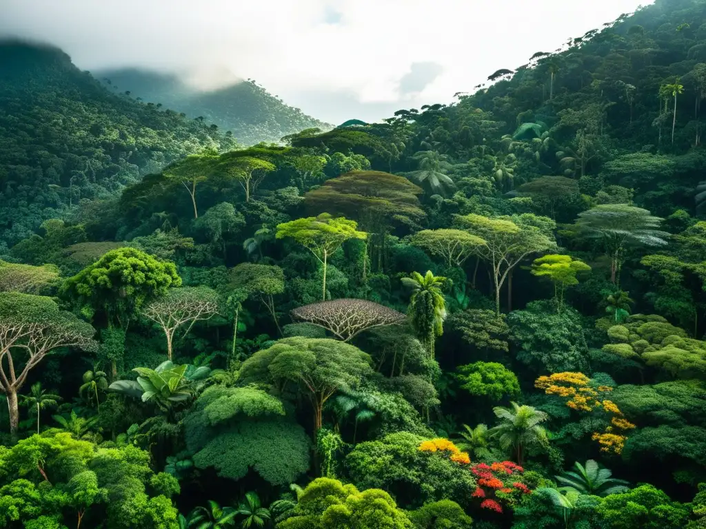 Una exuberante sección de la selva amazónica con una diversidad de árboles, vegetación y vida silvestre