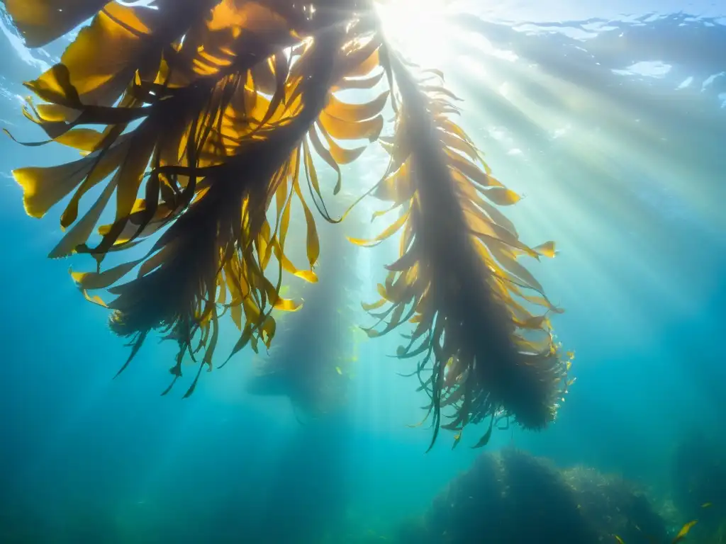 Una exuberante selva de algas marinas doradas baila suavemente bajo el agua, creando un impactante ecosistema submarino