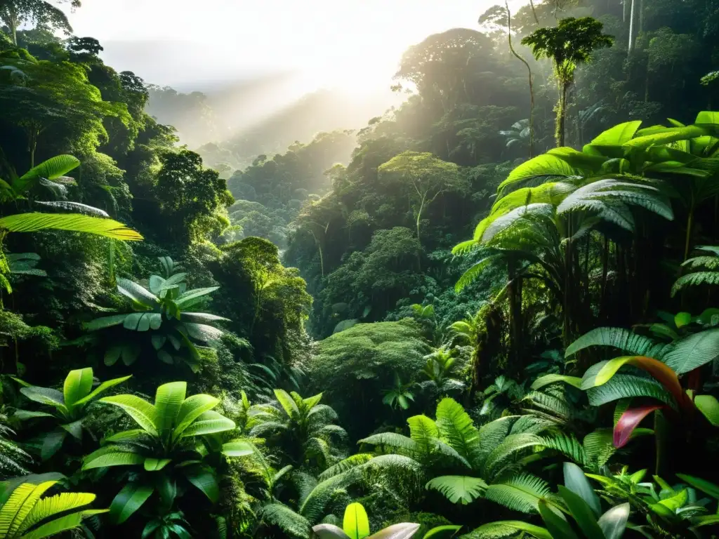 Exuberante selva amazónica con diversa vida vegetal y animal