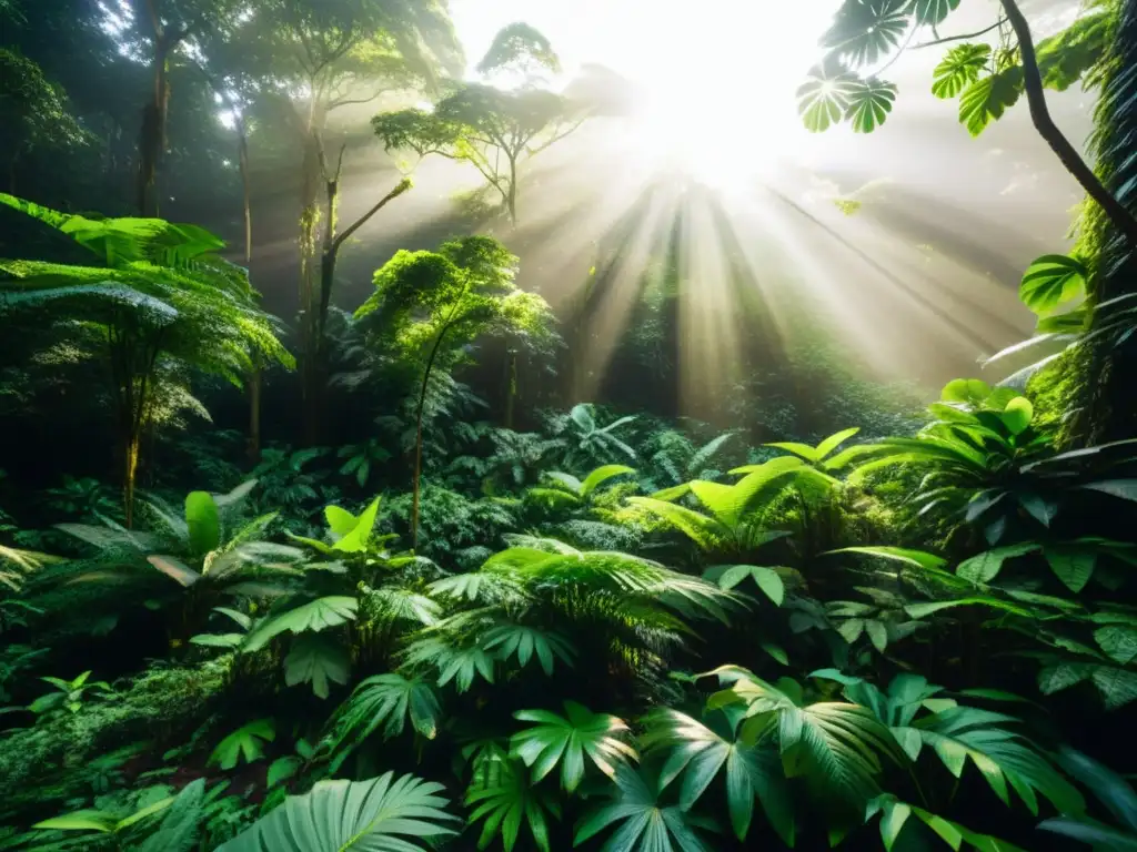 Una exuberante selva densa llena de vida vegetal vibrante y diversa, con luz solar filtrándose a través del dosel