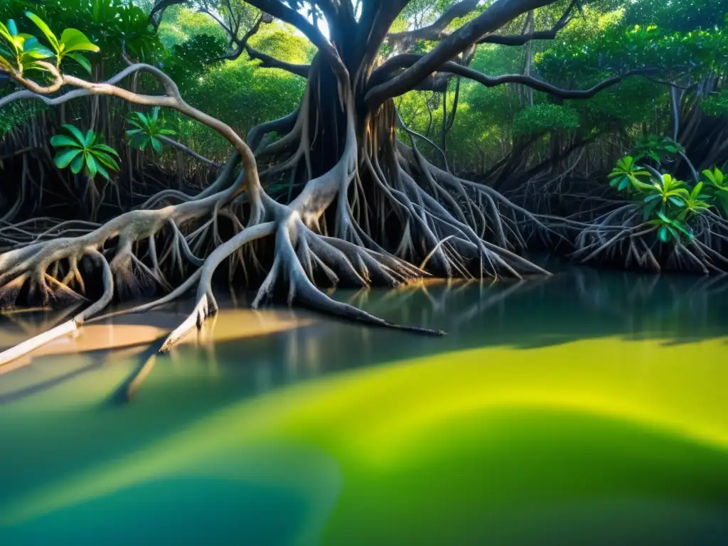 Una exuberante selva de manglares en el borde de un estuario, con raíces intrincadas serpenteando el agua y aves diversas en las ramas