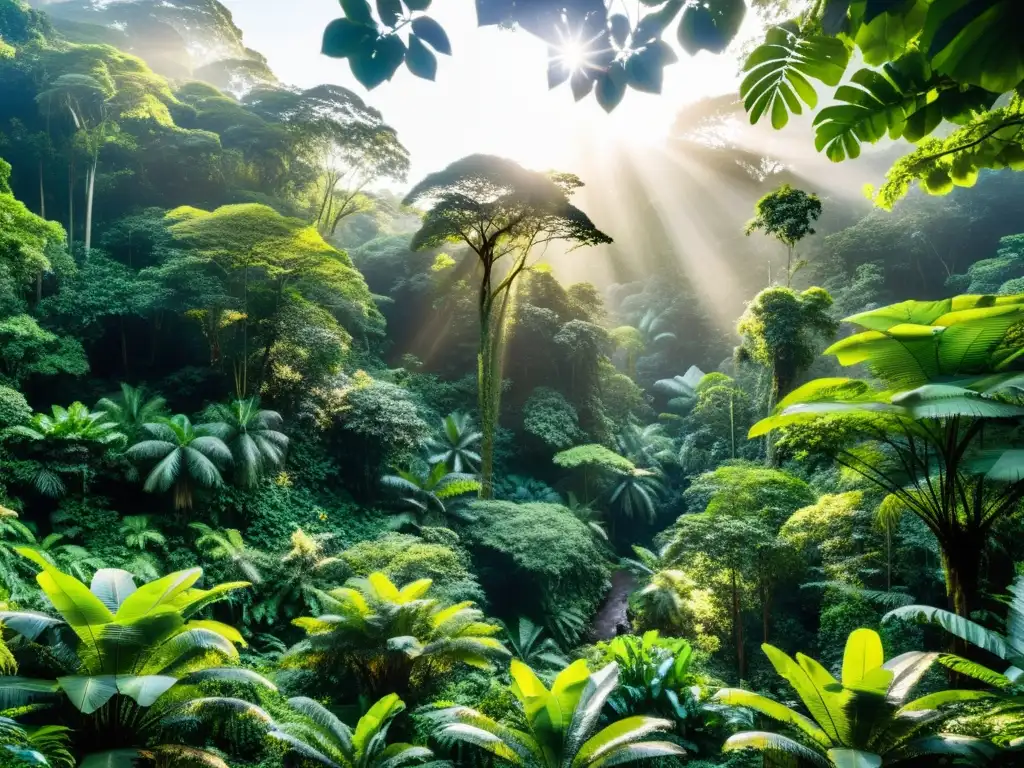 Una exuberante selva tropical con diversa vida silvestre y luz solar filtrándose a través del dosel