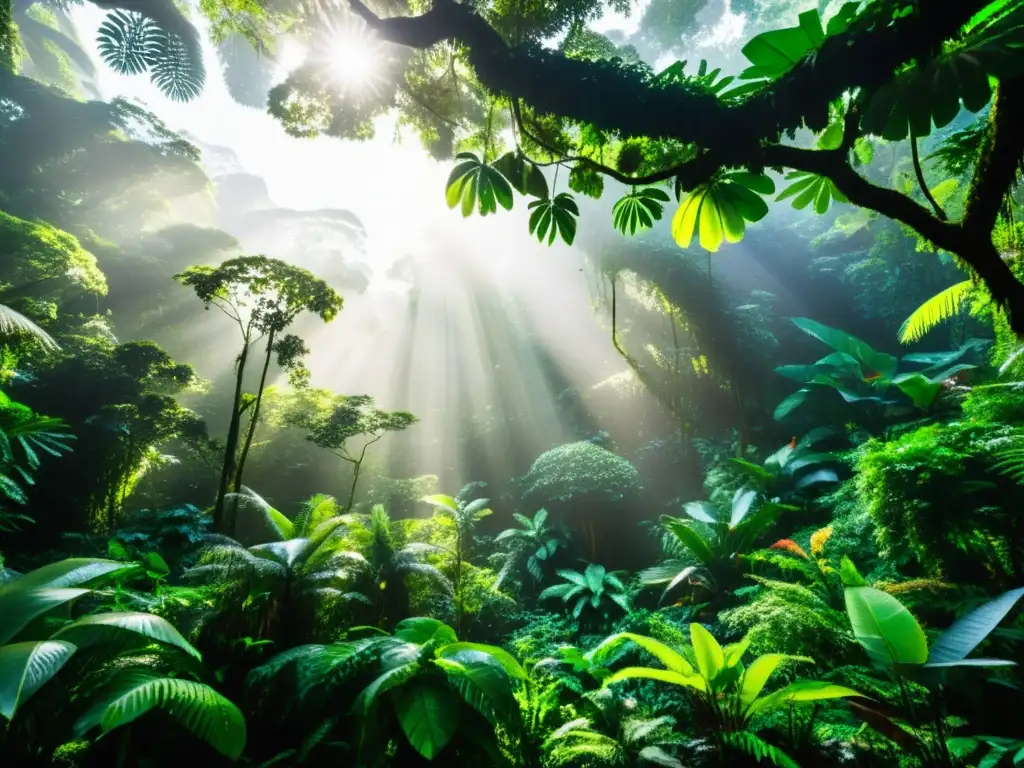 Exuberante selva tropical con diversa vida vegetal y animal, iluminada por el sol