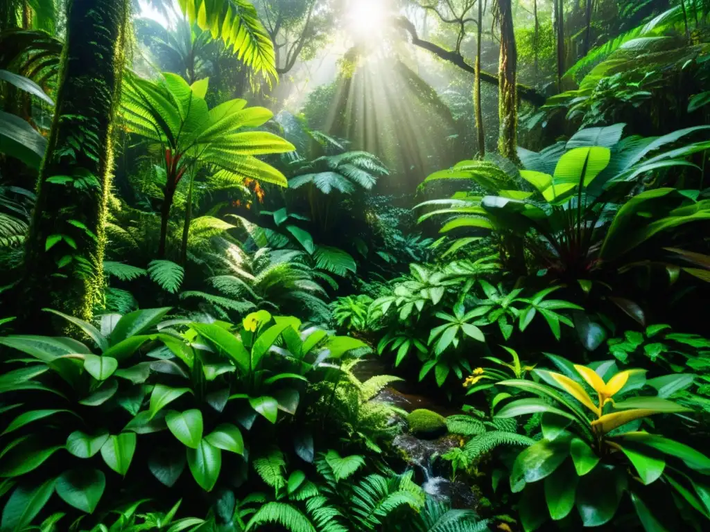 Una exuberante selva tropical con diversidad de flora y un arroyo serpenteante